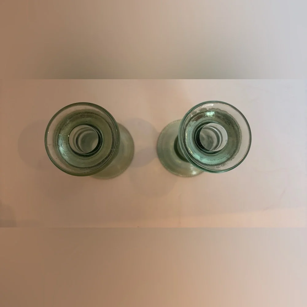 Vintage Pair Green Glass Candle Holders 7